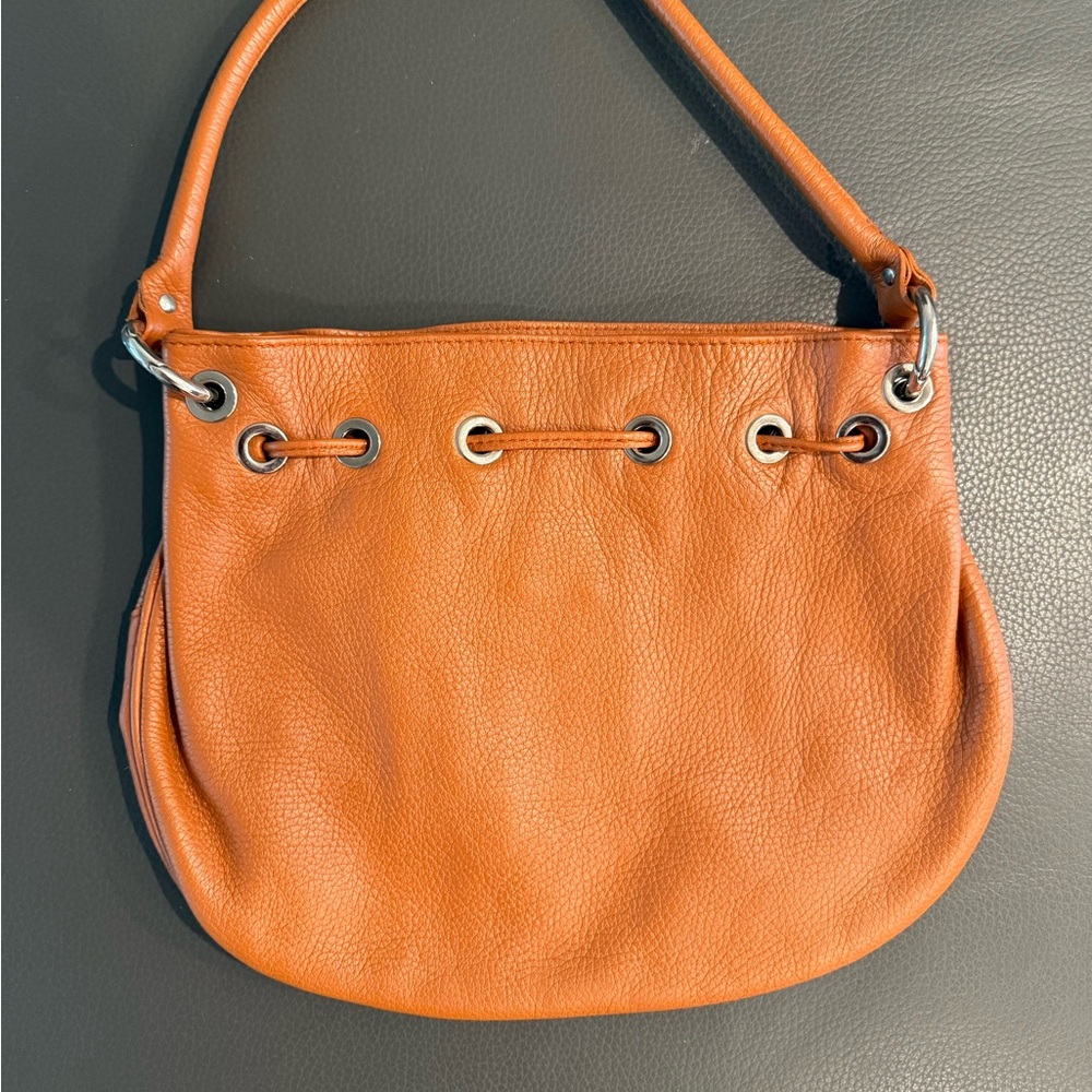 Orange Brown Leather Original Furla Drawstring Hobo Bag Purse - Picture 3 of 8